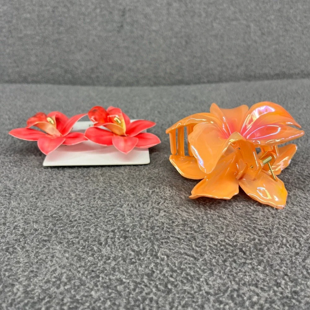Piper K Flower Earring & Hair Clip Set Orange Tropical Floral Beach Bora Hawaii